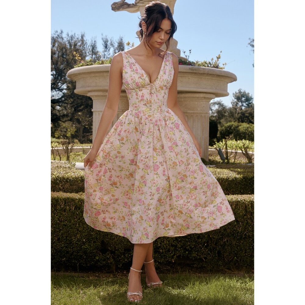 House Of CB Emmelina Pink Floral Midi Corset Cotton Sundress | Size S Small